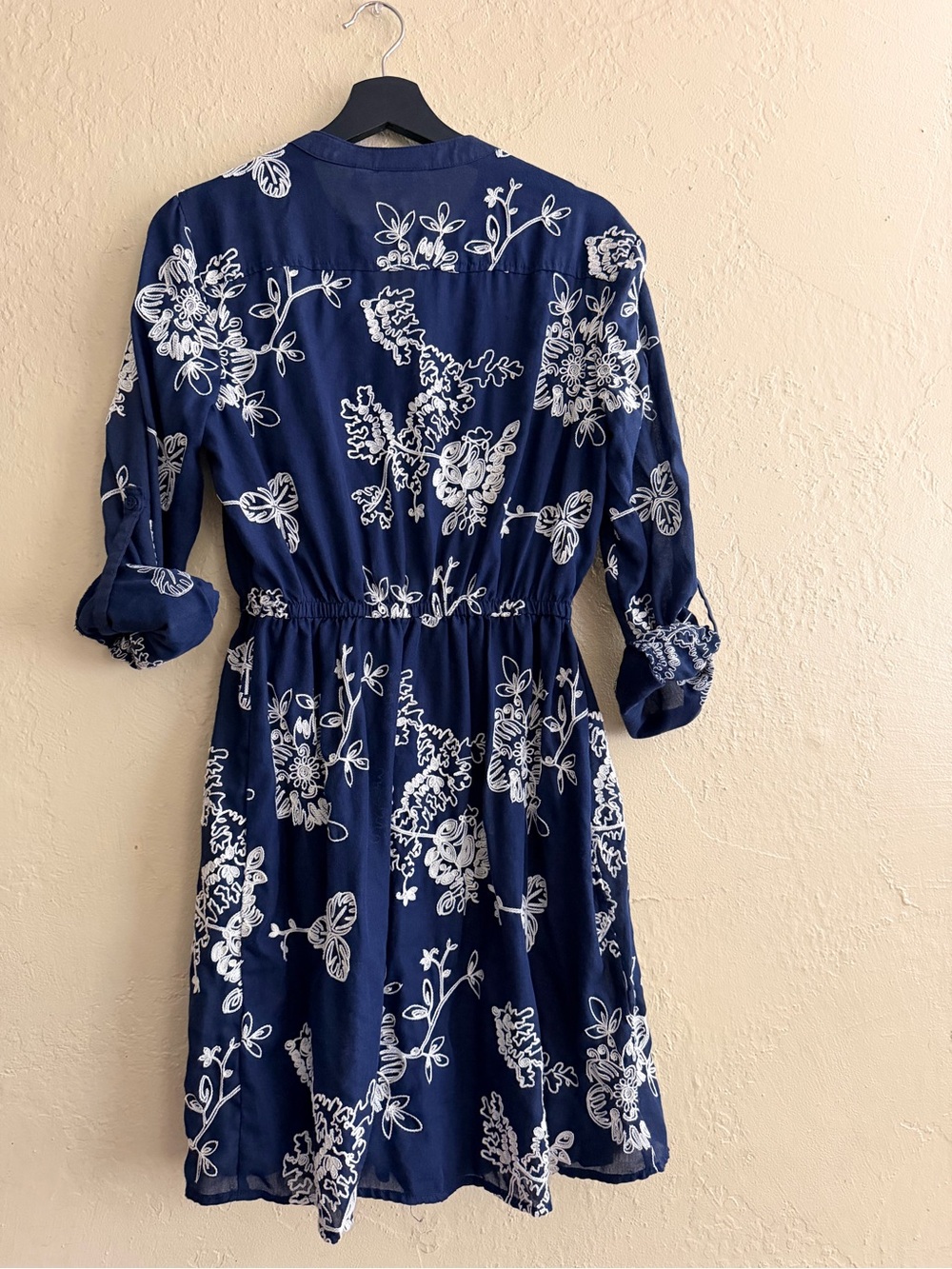 Navy Blue Floral Midi Dress with White Print - Picture 3 of 5